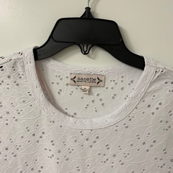 Nanette Lepore Eyelet Peplum Short Sleeve Top. White. Small. Girly Glam, Twee - Picture 7 of 10